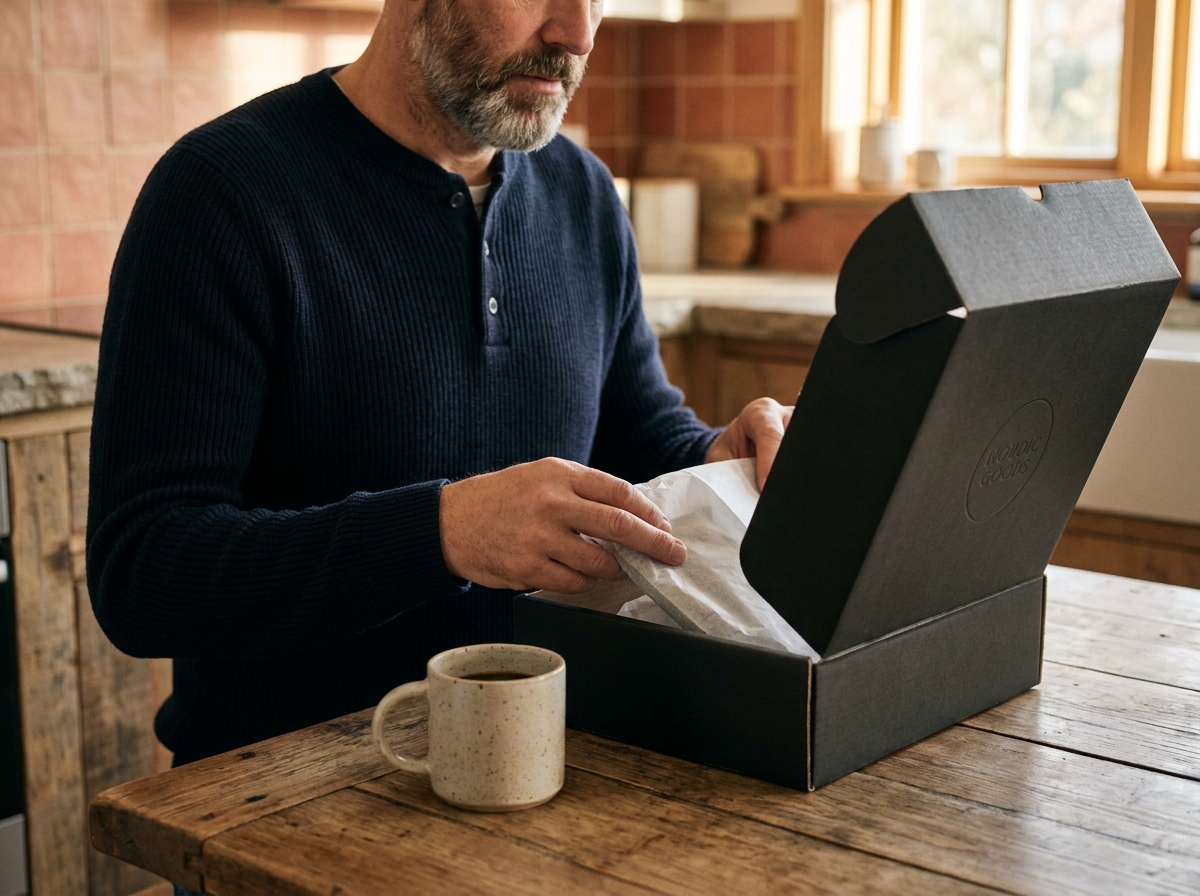 Homme déballant un colis e-commerce haut de gamme avec un emballage soigné dans une cuisine moderne, illustrant l'expérience client et l'image de marque véhiculée par le packaging