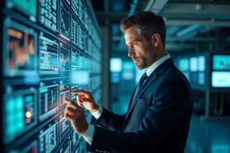 Homme d affaires étudiant un panneau de contrôle d énergie