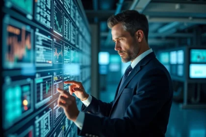 Homme d affaires étudiant un panneau de contrôle d énergie