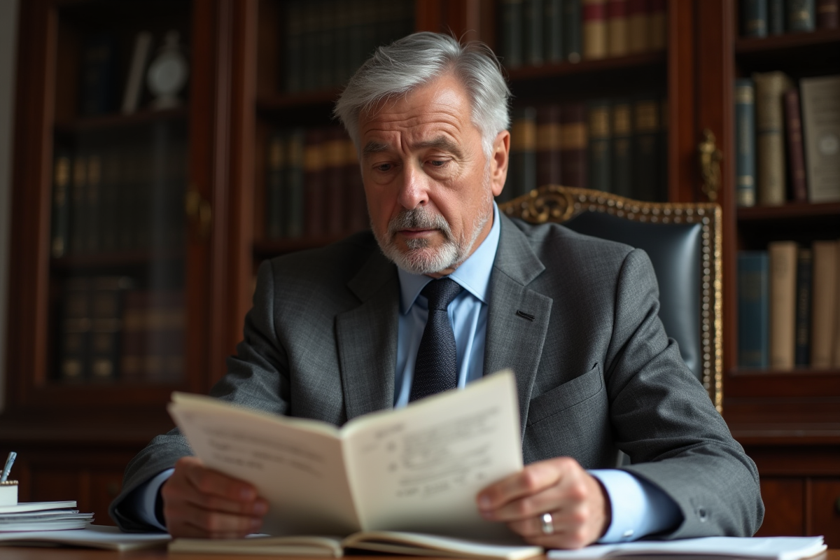 Homme français lisant un document annoté dans un bureau