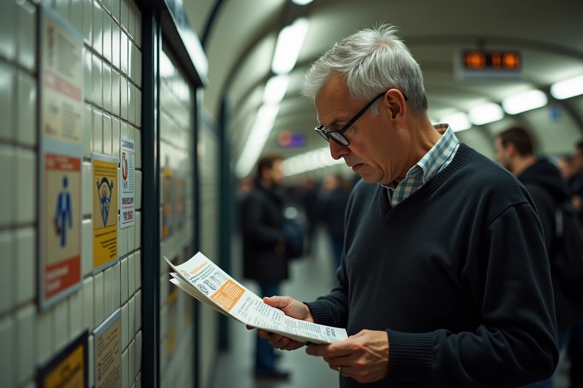 Homme lisant une affiche dans une station de métro parisienne