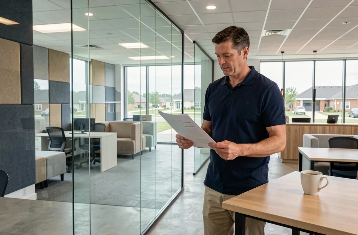 Homme en espace de coworking à Vitrolles examinant des documents près d'une paroi vitrée dans un bureau open space