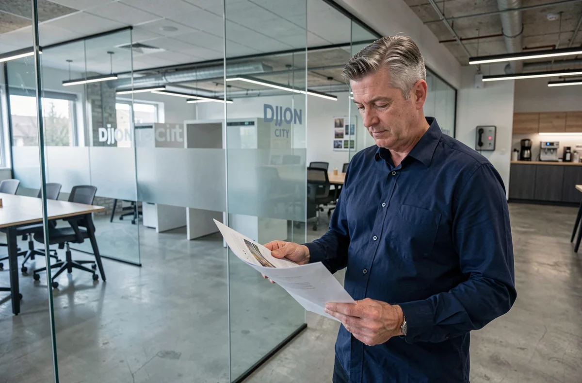 Homme professionnel debout dans un espace de coworking à Dijon consultant des documents près d'une salle de réunion en verre