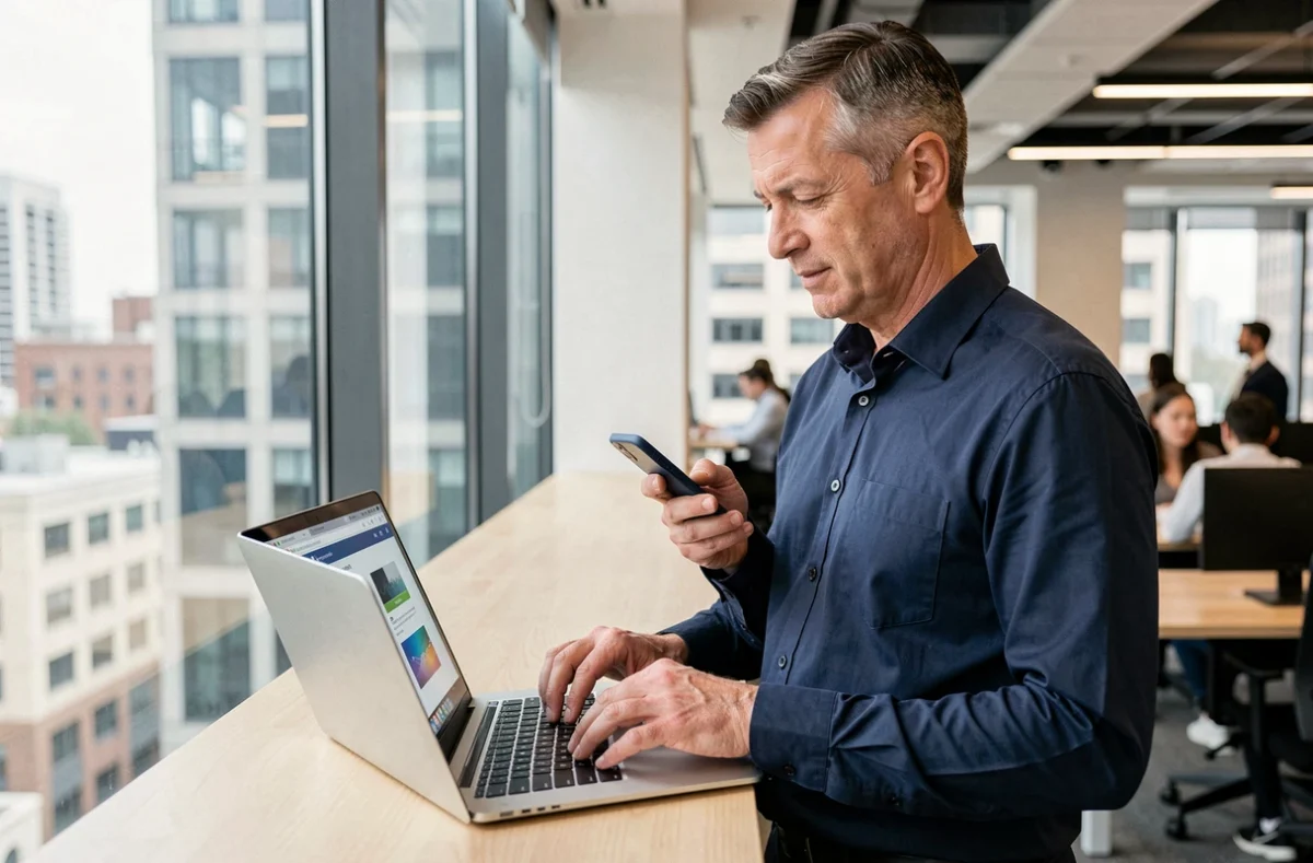 Homme en bureau vérifiant un numéro de téléphone inconnu sur ordinateur portable et smartphone