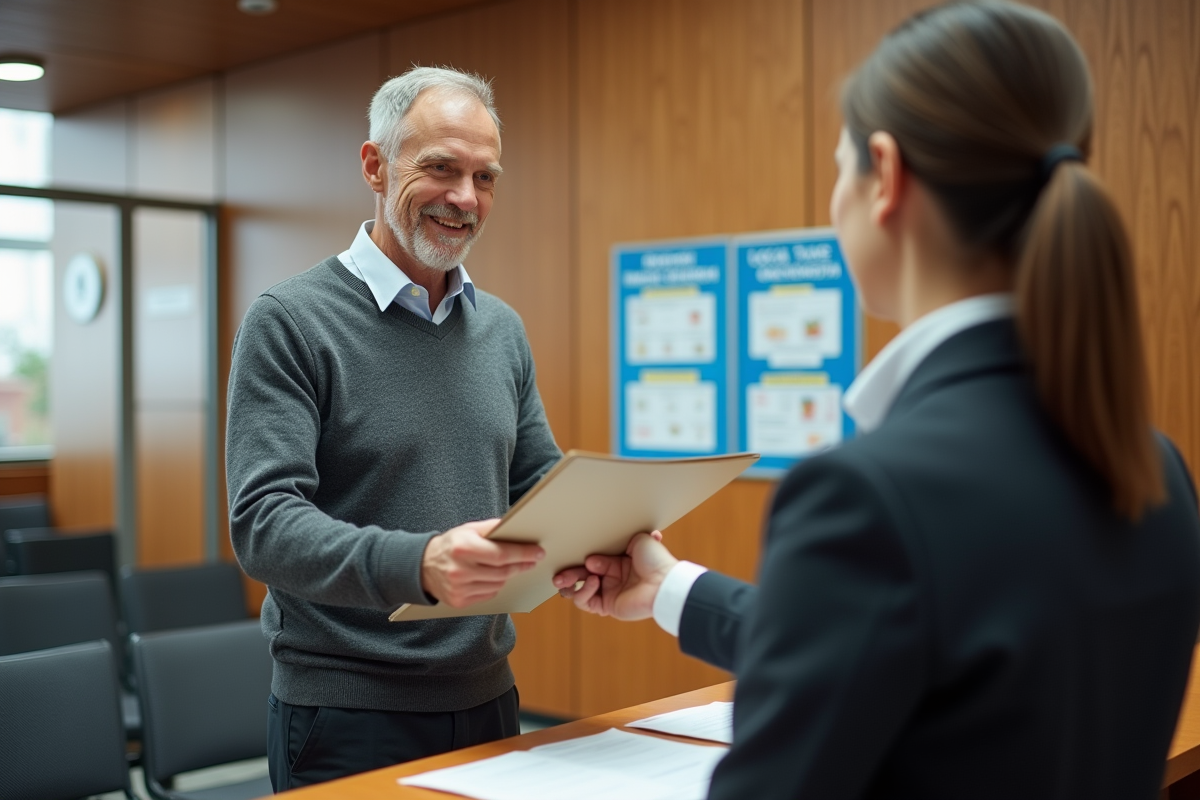 Homme remettant un dossier à un agent dans un bureau administratif