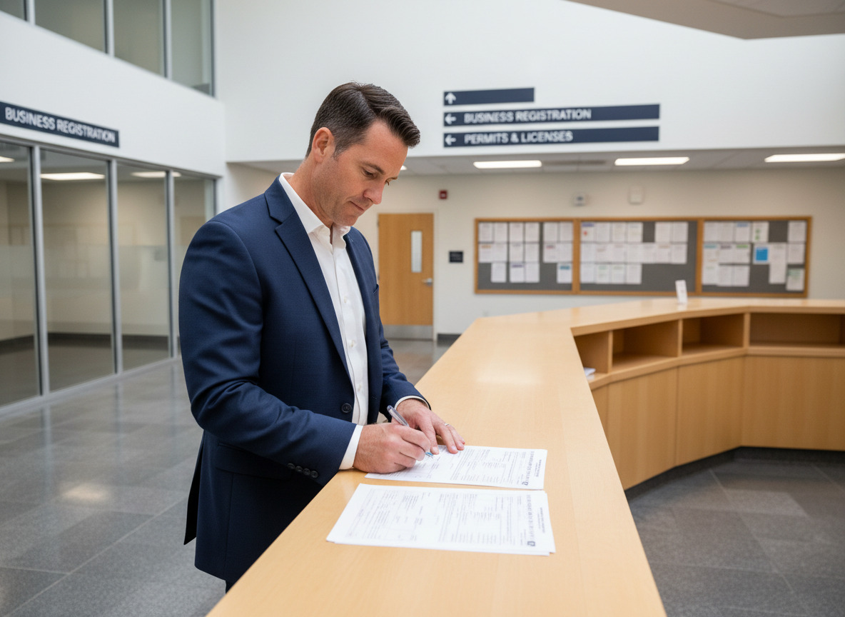 Homme d age rempli des formulaires dans un bureau municipal