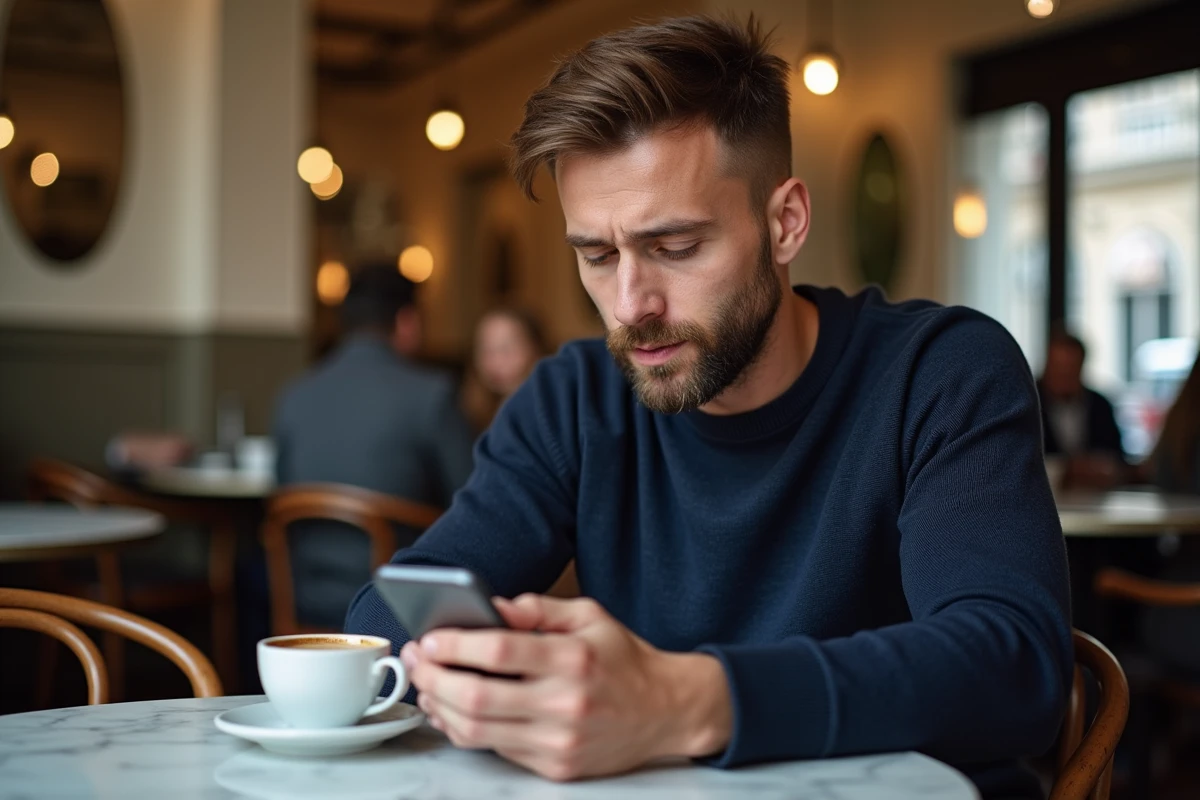 Homme consultant des réseaux sociaux sur smartphone dans un café parisien, stratégie de croissance digitale