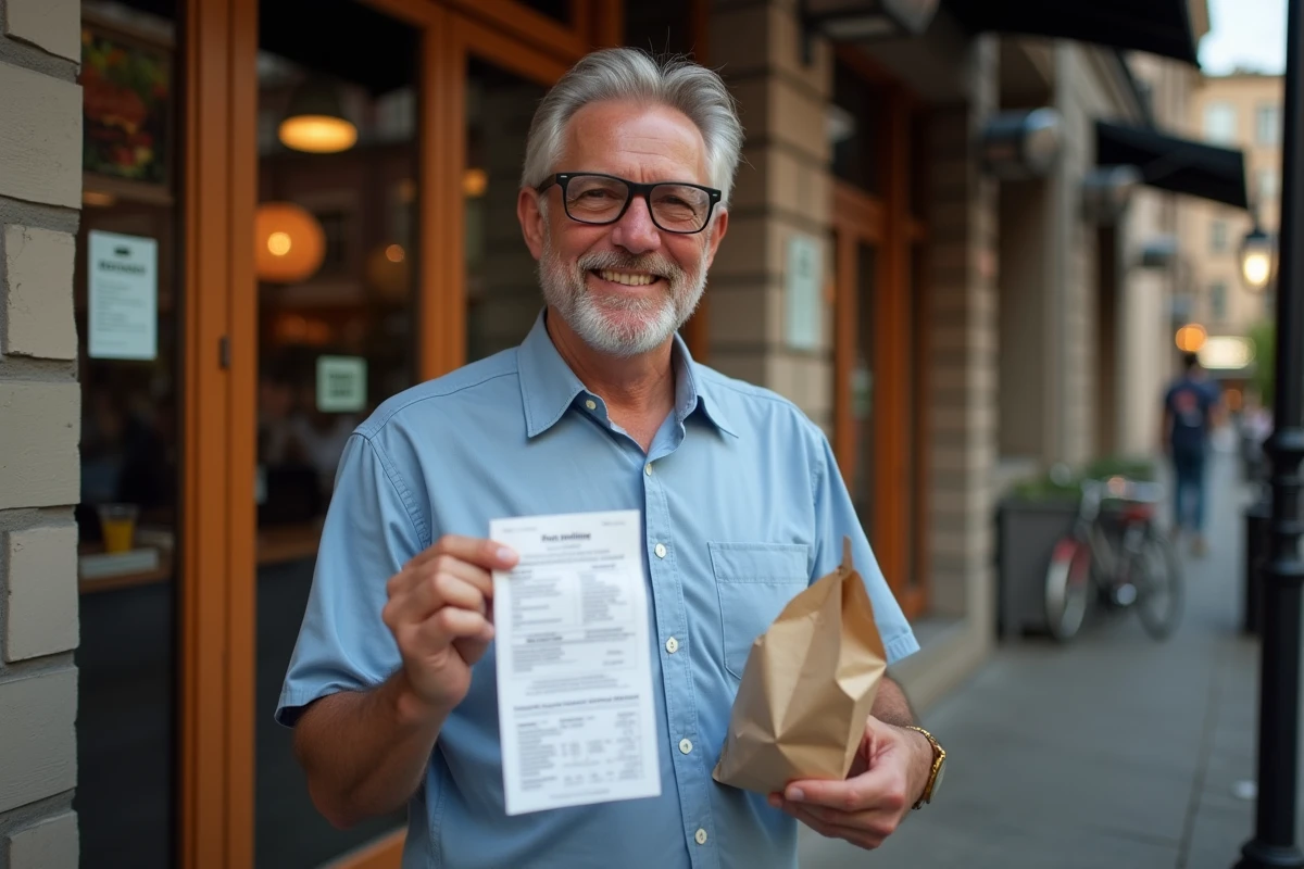 Homme avec reçu et sac à emporter devant un restaurant burger