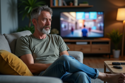 Homme d'âge moyen regardant la télévision dans un salon moderne