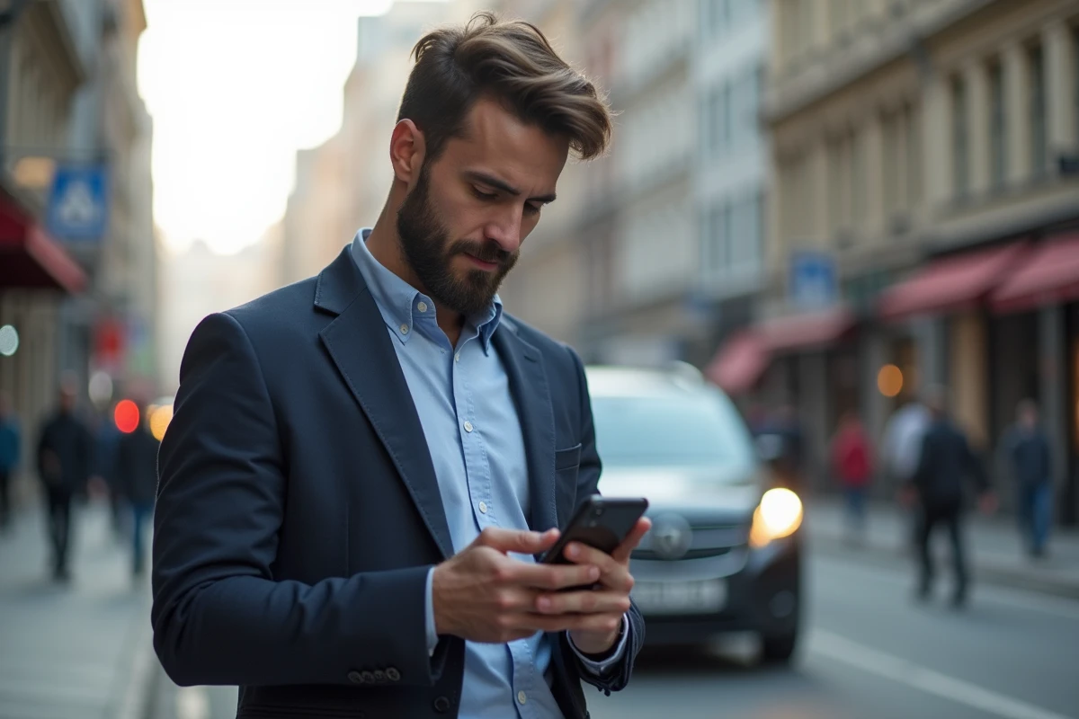 Homme avec barbe sur une rue animée vérifiant Instagram