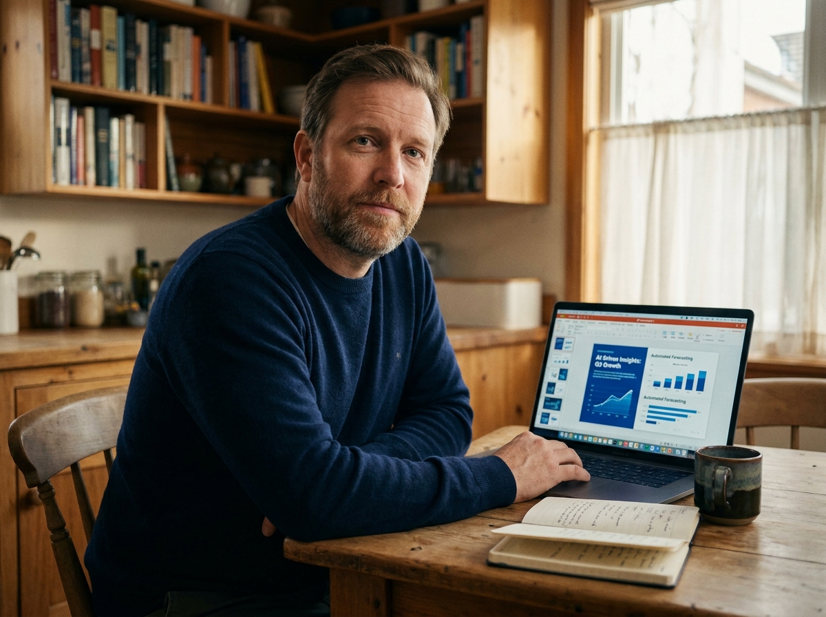 Homme en télétravail utilisant l'intelligence artificielle pour générer automatiquement des diapositives de présentation sur son ordinateur portable à domicile