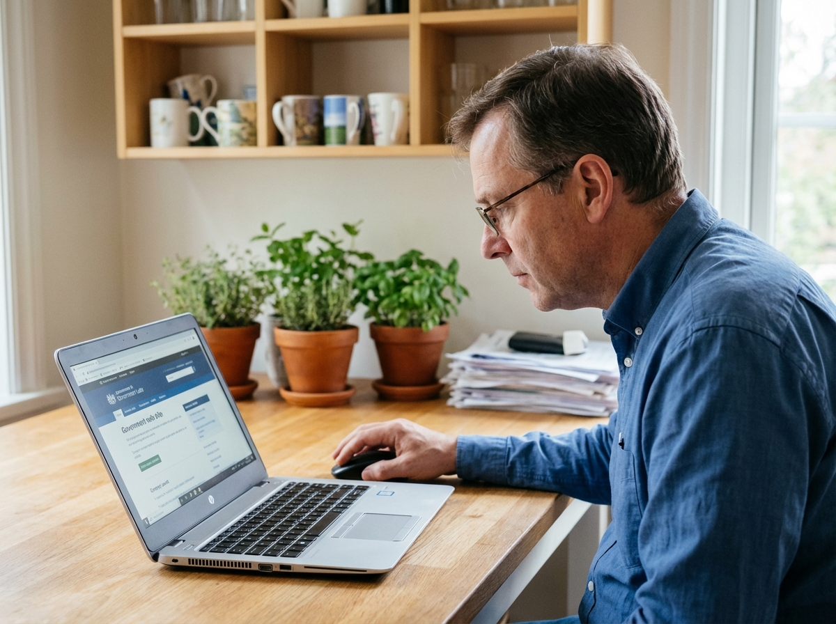 Homme concentré utilisant son ordinateur dans sa cuisine à la maison