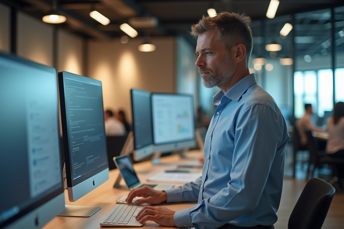 Homme en open space vérifiant ses emails sur grand écran