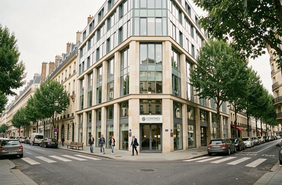 Façade d'un immeuble de services professionnels dans le centre-ville de Rennes avec trottoir et voitures garées