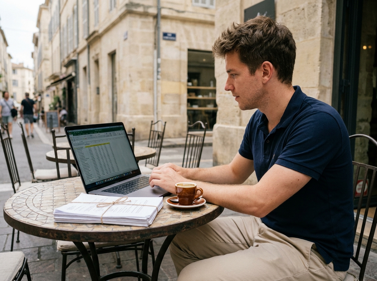 Jeune indépendant en train de gérer sa facturation en terrasse de café à Marseille