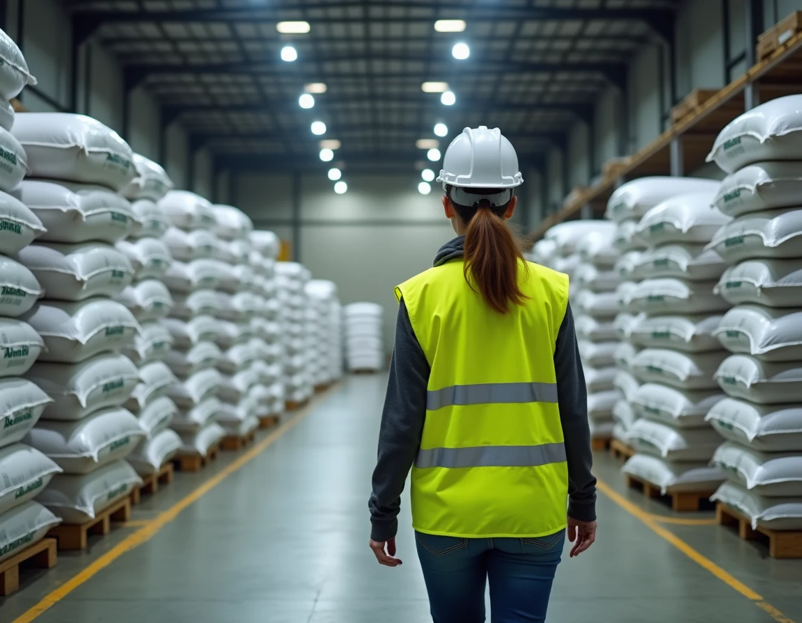 Spécialiste en logistique industrielle inspectant des stocks de fertilisants en entrepôt pour évaluer un fournisseur comme Nitrofer
