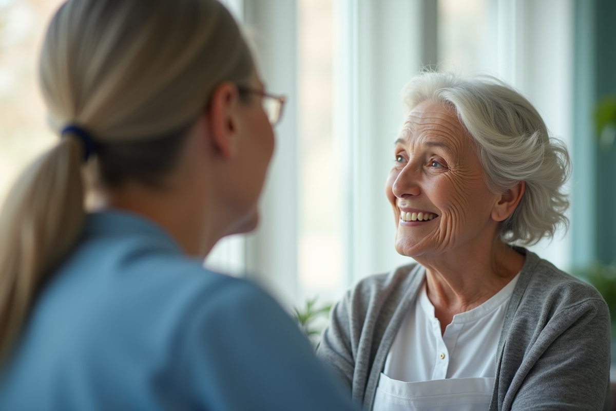 Soignante souriante avec un patient âgé dans un cadre lumineux