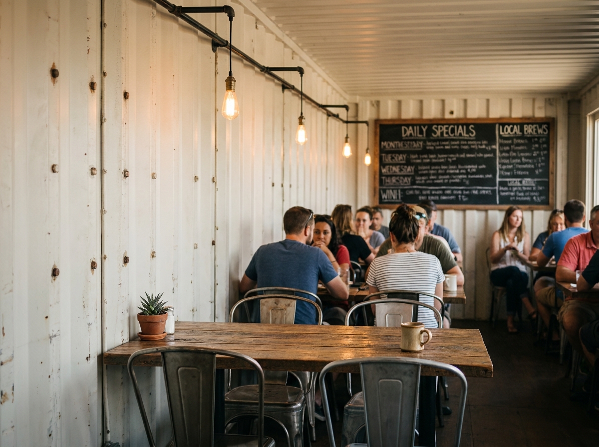 Intérieur d'un restaurant container avec murs en acier brut, tables en bois recyclé et suspensions industrielles