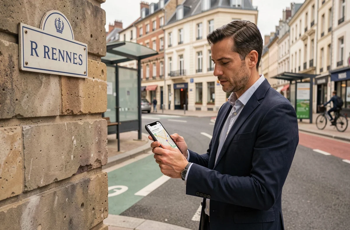 Homme consultant un itinéraire sur smartphone dans une rue de Rennes pour se rendre à un rendez-vous professionnel