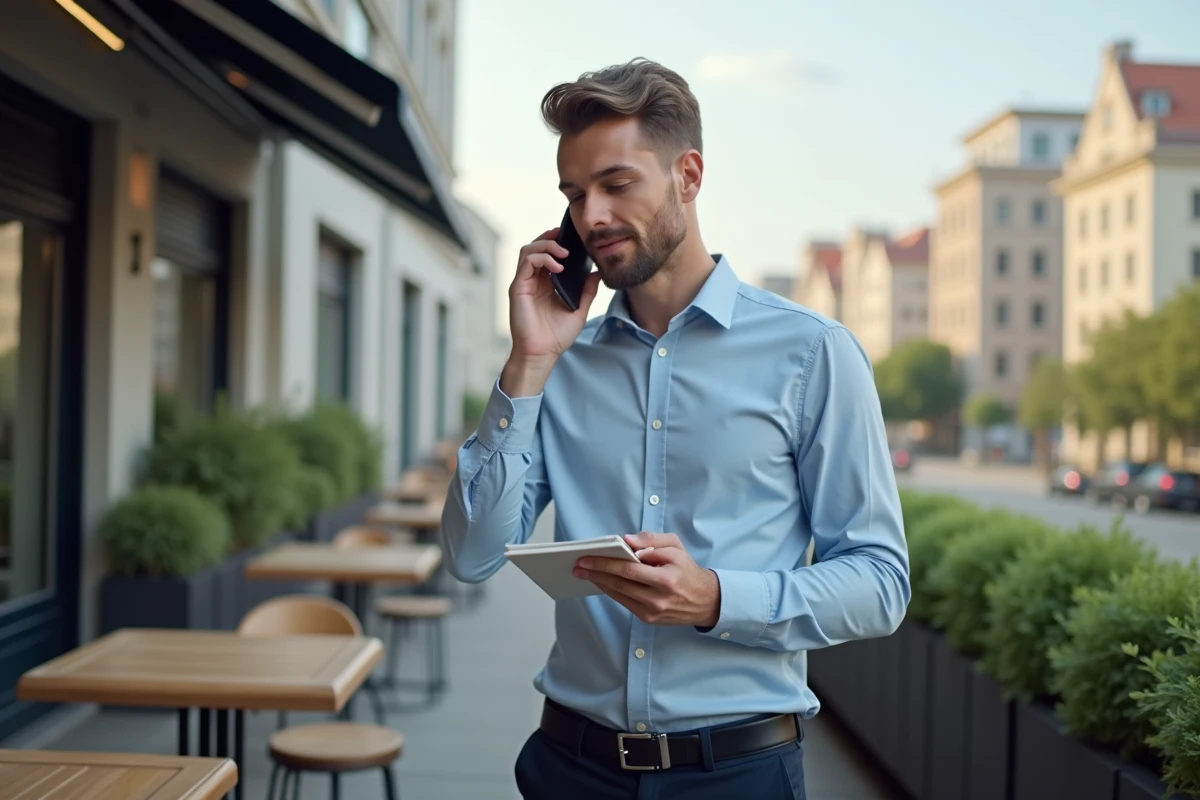 Jeune entrepreneur parlant au téléphone en extérieur