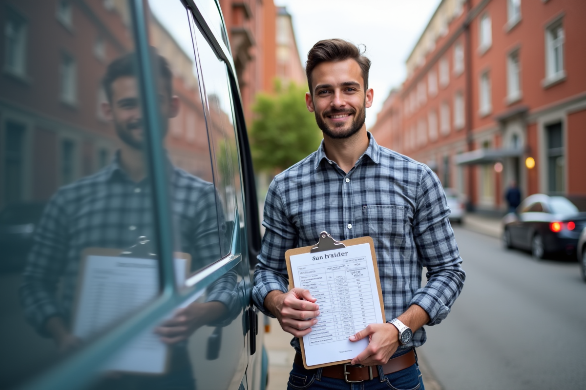 Jeune entrepreneur avec devis devant sa camionnette