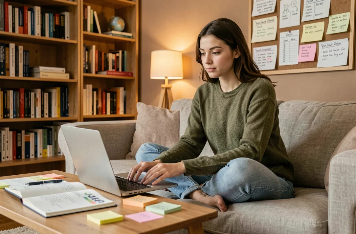 Jeune entrepreneuse planifiant son investissement dans une formation digitale depuis son bureau à domicile avec cahier de business plan et notes adhésives