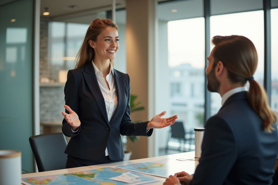 Jeune femme d'affaires accueillant des clients dans une agence de voyage