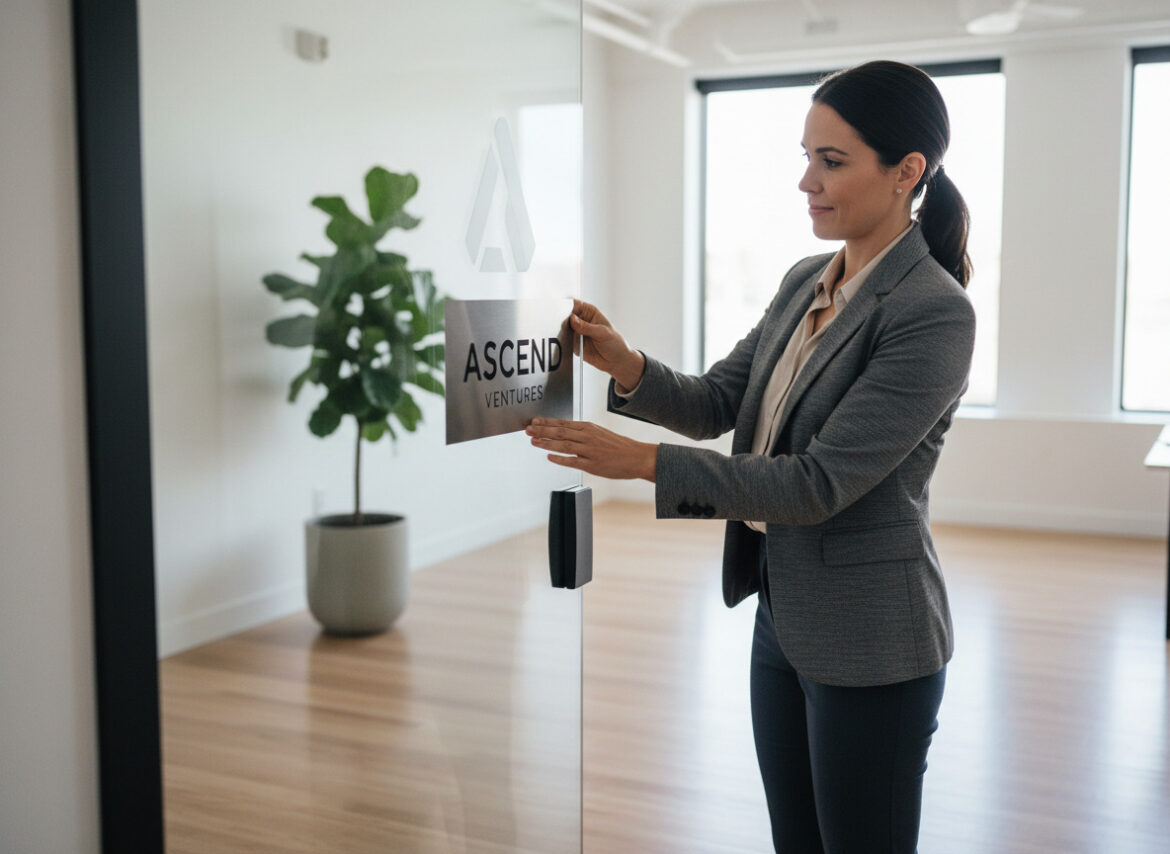 Jeune femme en costume professionnel affiche la signalétique