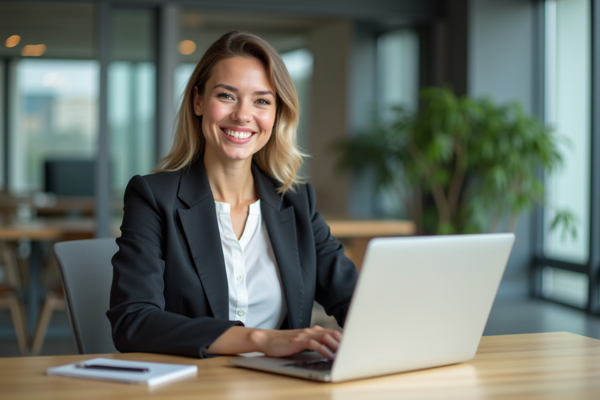 Jeune femme professionnelle souriante au bureau avec ordinateur