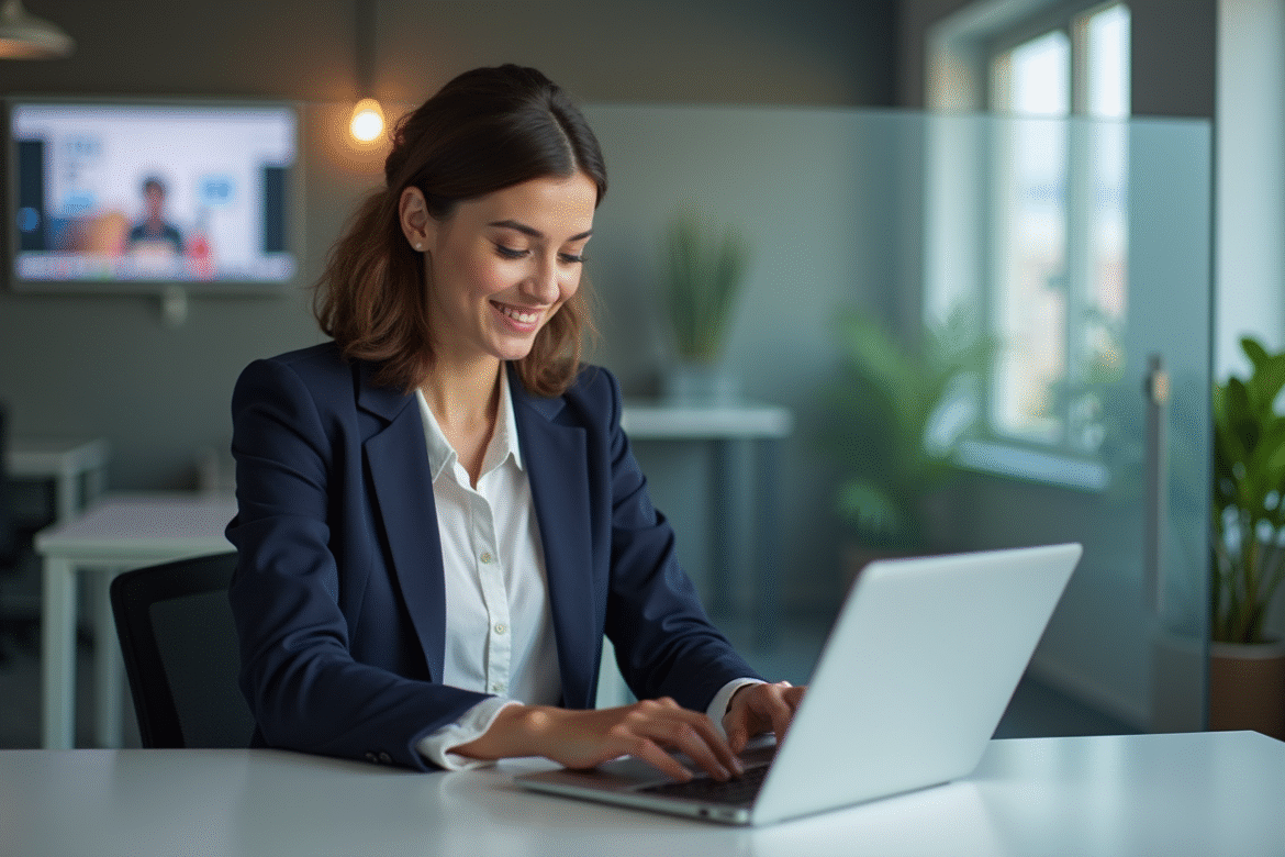 Jeune femme en bureau moderne travaillant sur son ordinateur