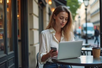 Jeune femme à un café parisien avec ordinateur et smartphone