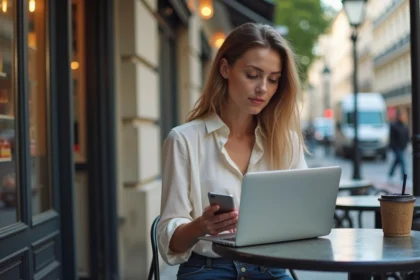 Jeune femme à un café parisien avec ordinateur et smartphone
