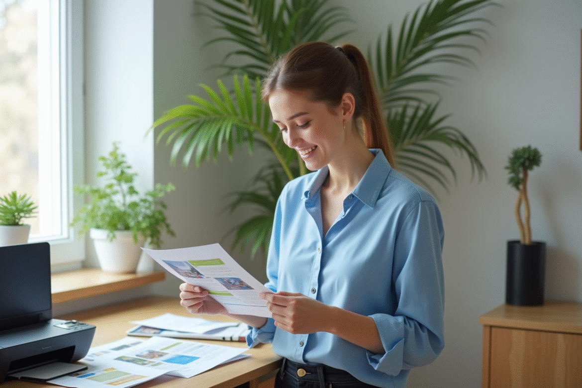 Jeune femme examine des flyers imprimés dans son bureau