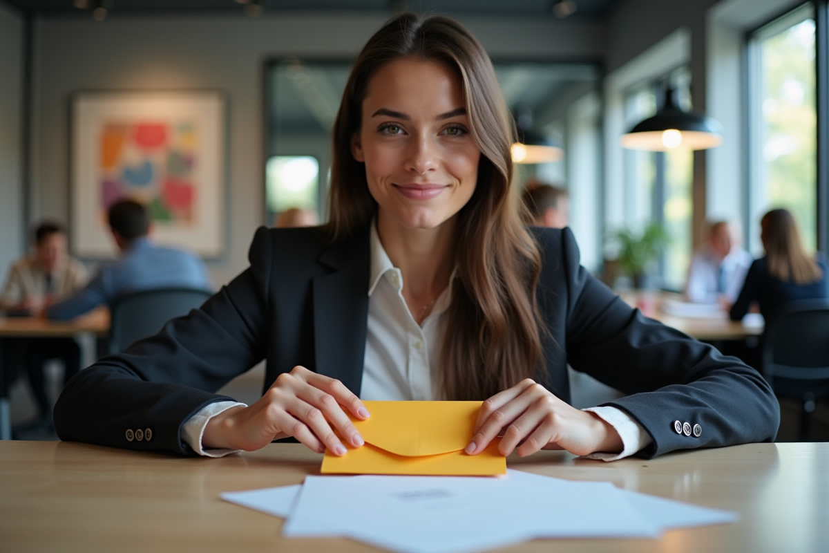 Jeune femme inventeur scellant un enveloppe de brevet