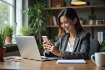 Jeune femme souriante utilisant son smartphone au bureau
