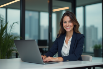 Femme professionnelle souriante au bureau avec ordinateur