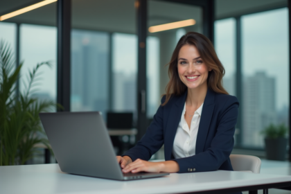 Femme professionnelle souriante au bureau avec ordinateur