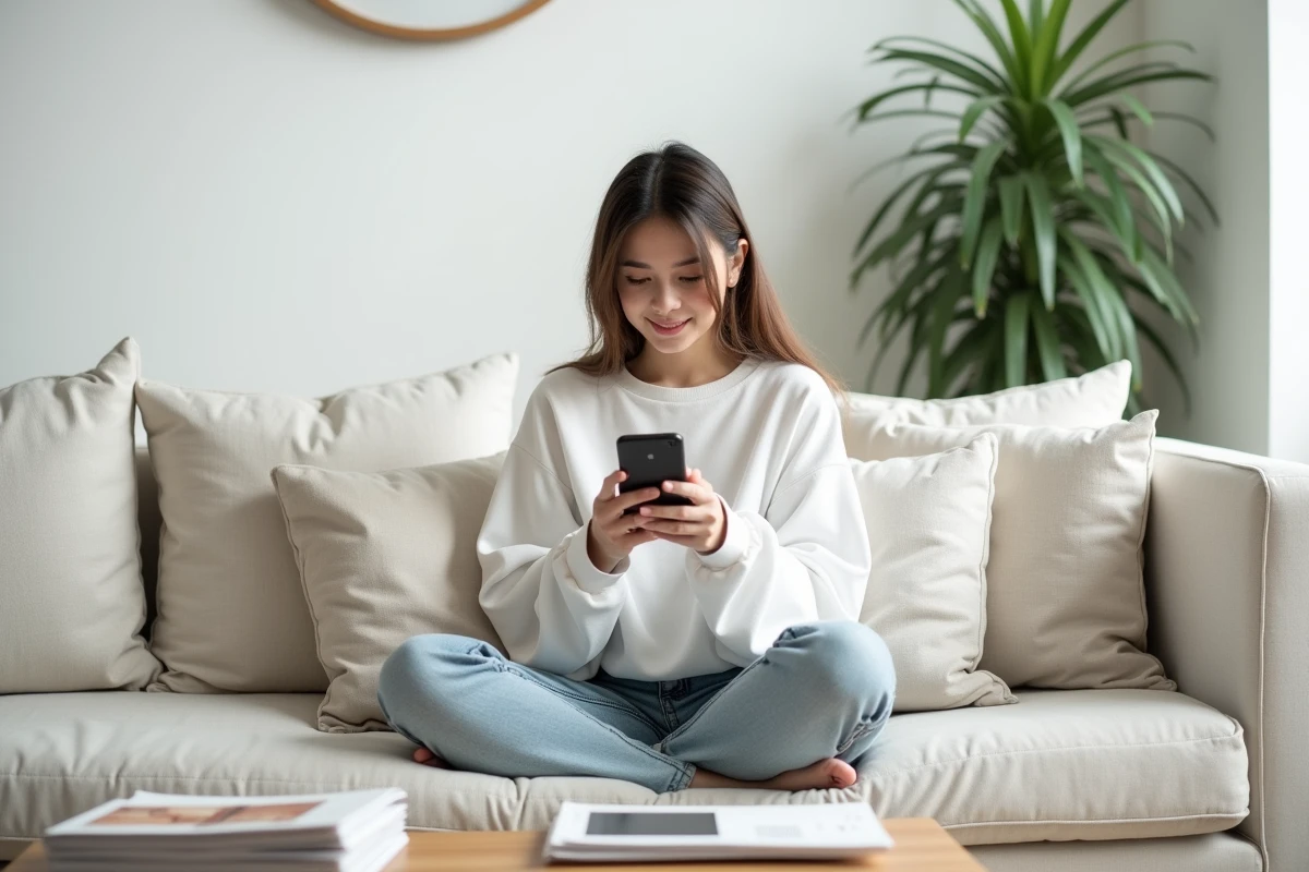 Jeune femme lisant du contenu numérique sur smartphone dans un salon minimaliste scandinave