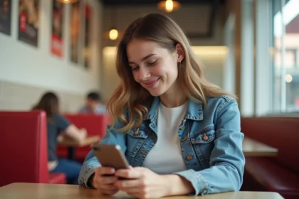 Jeune femme souriante utilisant son smartphone pour un sondage