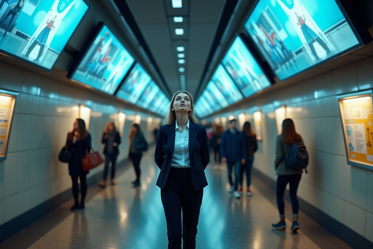 Jeune femme surprise dans le métro face aux écrans publicitaires