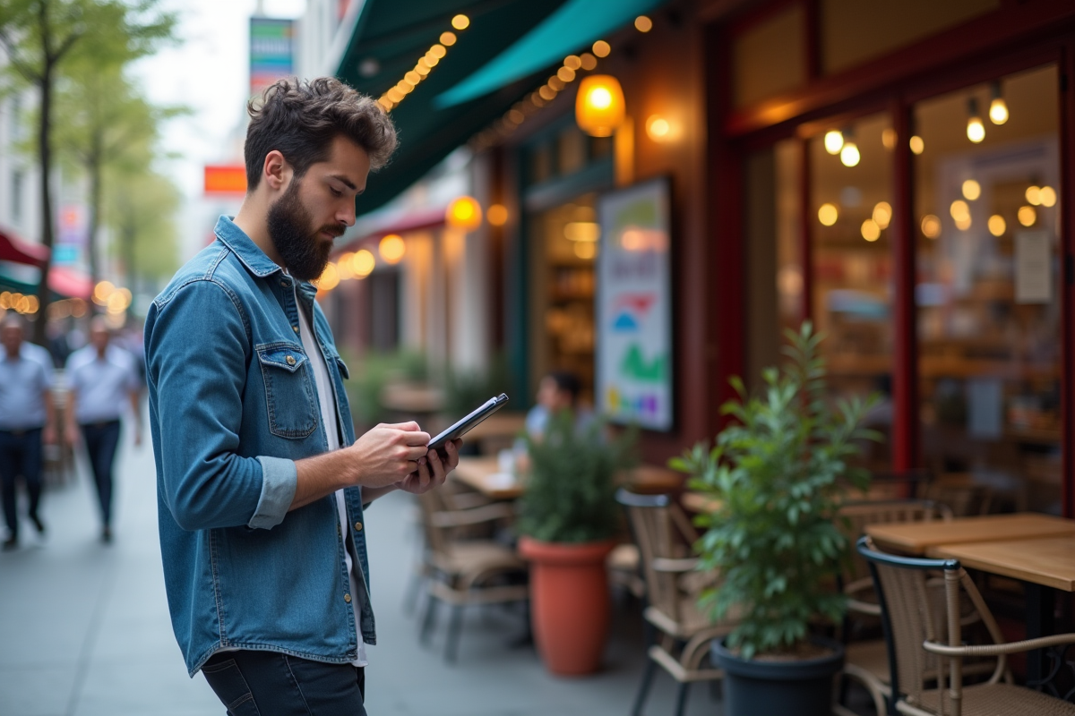 Jeune homme vérifiant des graphiques en ville dynamique