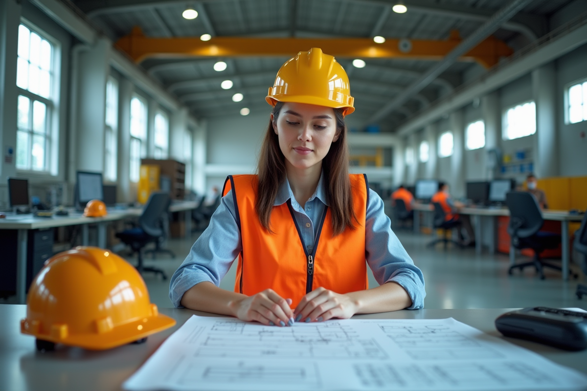 Jeune ingénieure en atelier industriel avec plans et certificats