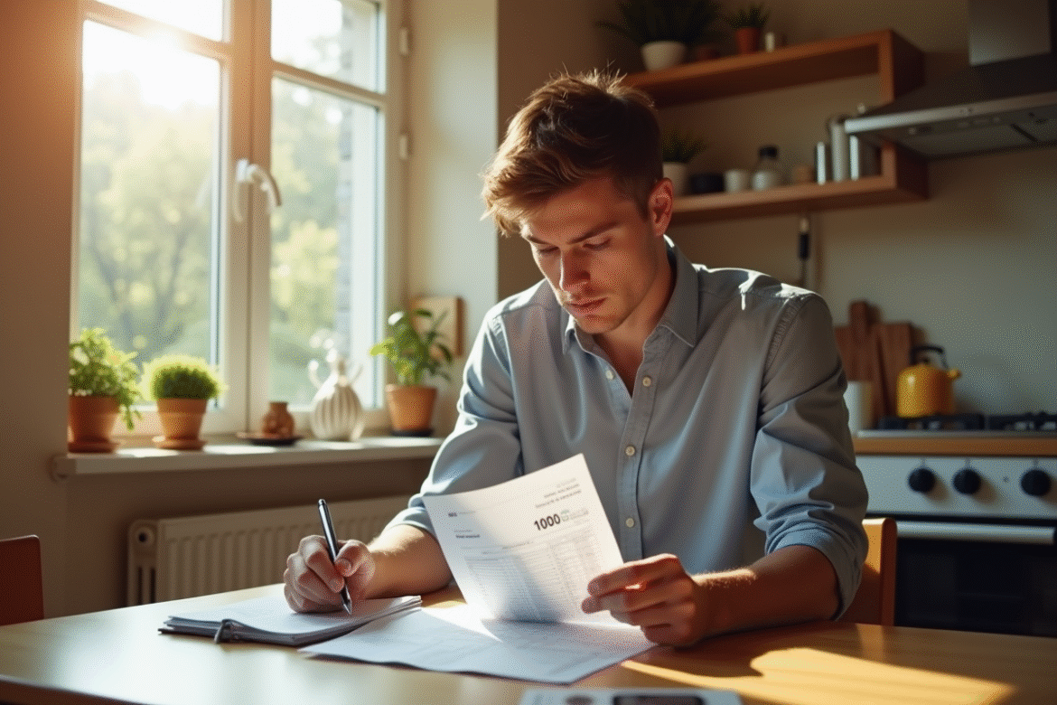 Jeune professionnel vérifiant ses factures et fiche de paie de 1900 euros