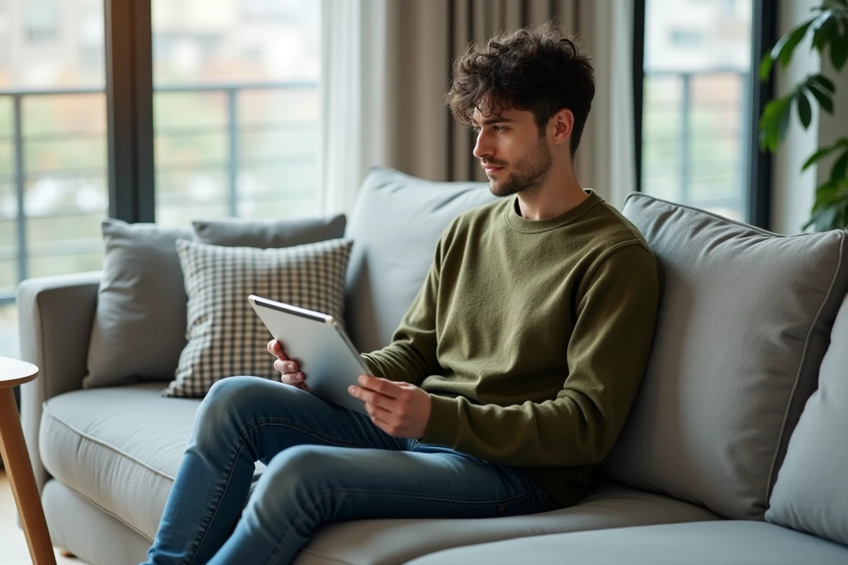 Jeune professionnel consultant un site de recrutement spécialisé sur une tablette depuis son salon