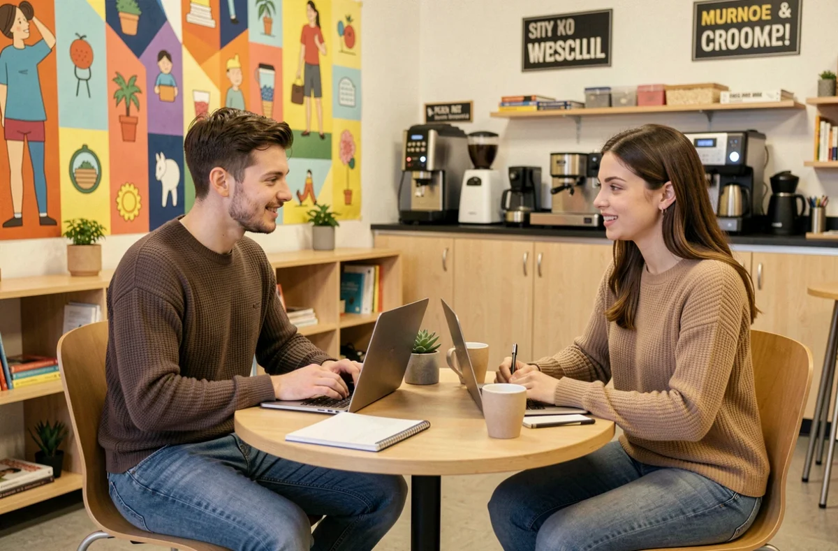 Deux jeunes professionnels en discussion dans un espace de coworking abordable à Vitrolles autour d'une table ronde