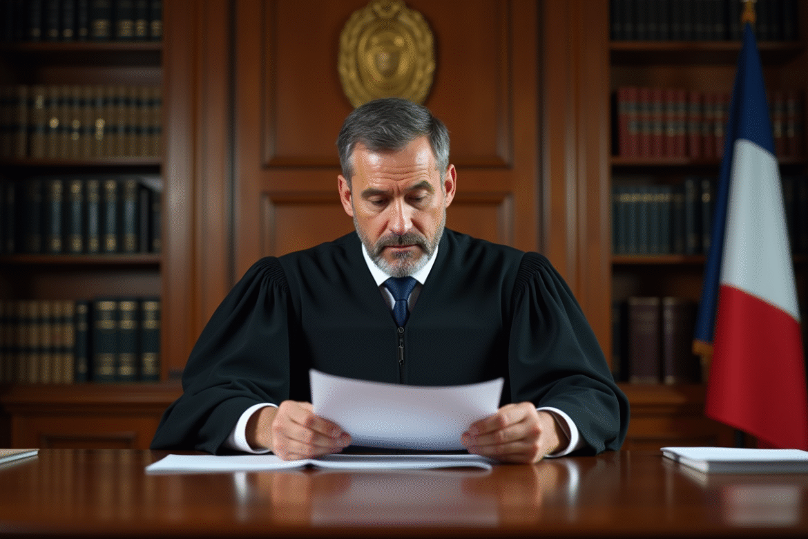 Juge en costume dans son bureau avec documents