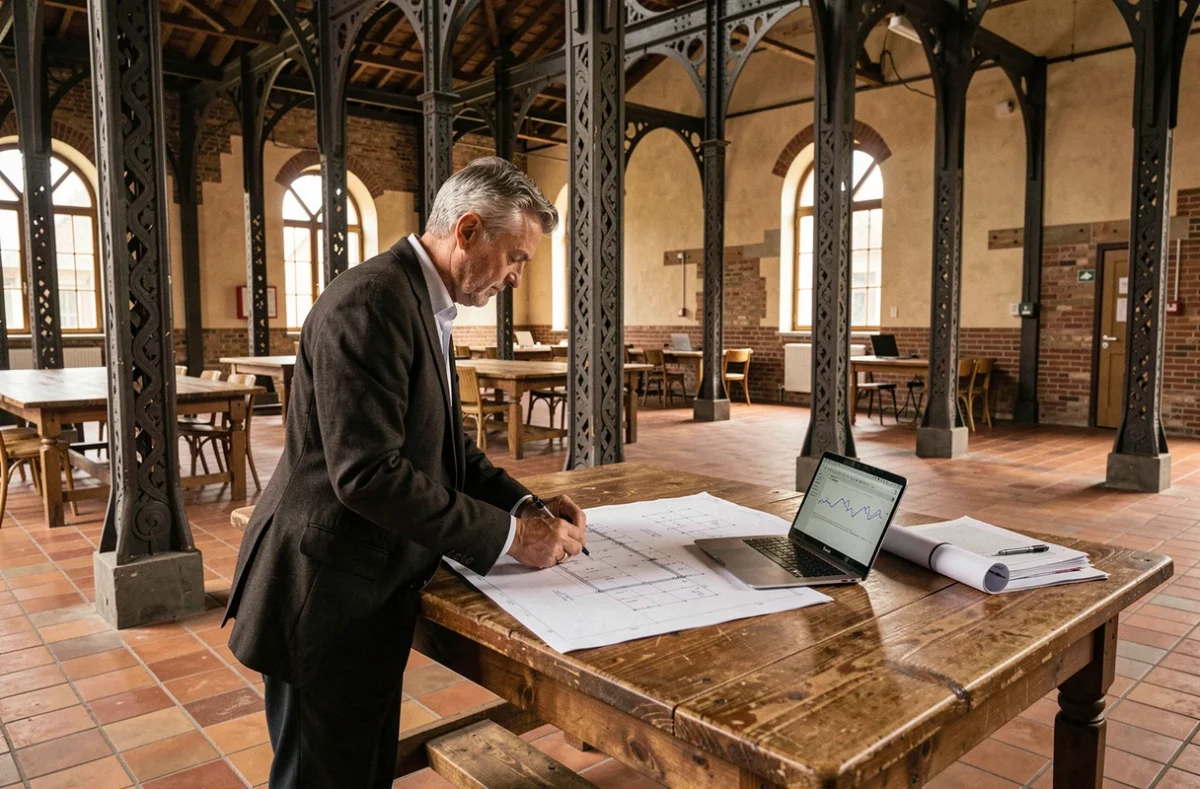 La Manufacture à Noisiel avec un homme travaillant dans un bâtiment industriel historique restauré aux colonnes en fonte