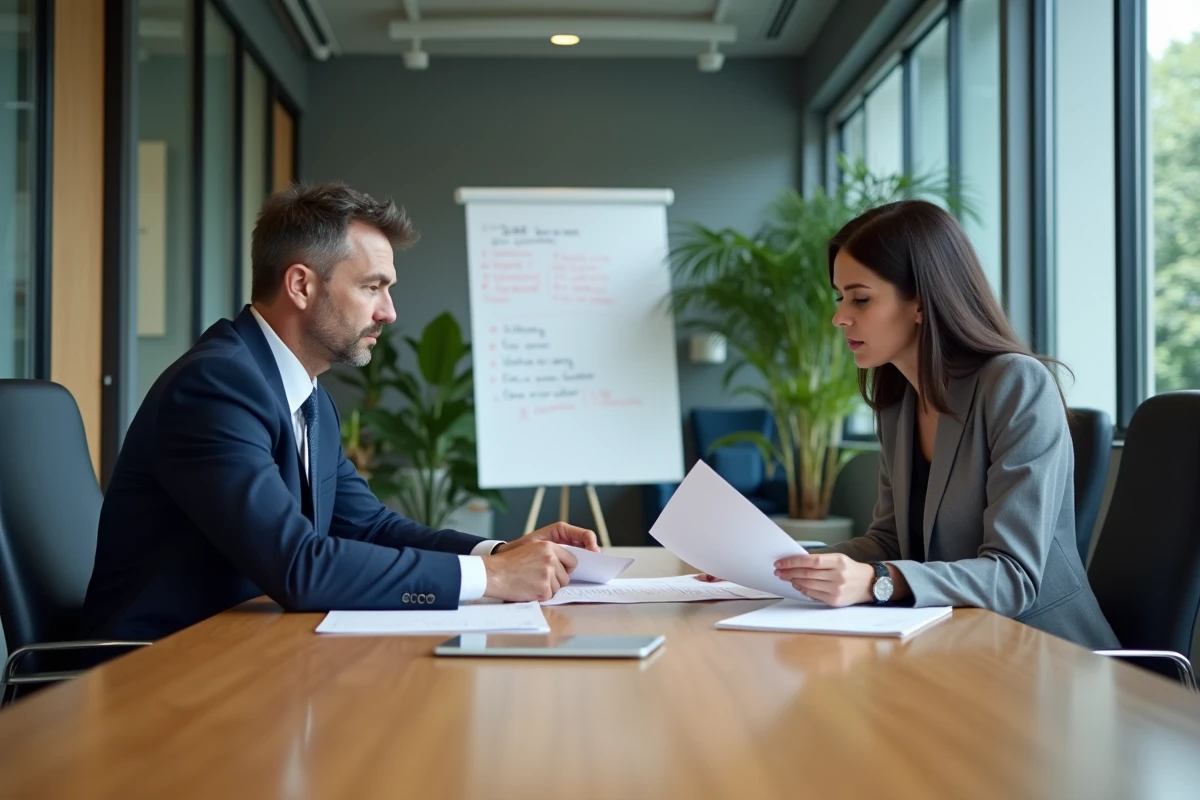 Réunion formelle entre un responsable RH et une employée discutant d'un licenciement pour faute grave autour de documents officiels dans une salle de réunion professionnelle