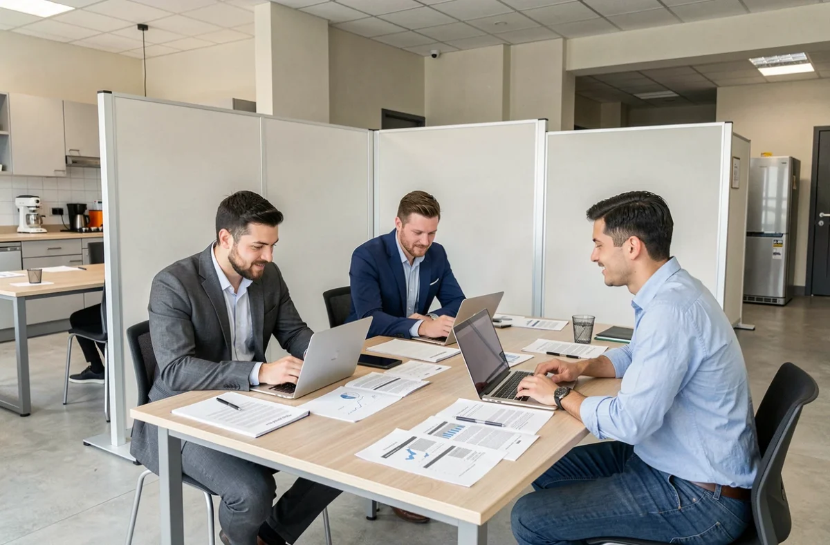 Espace Lieusaint Coworking avec un groupe de trois professionnels collaborant autour d'une grande table