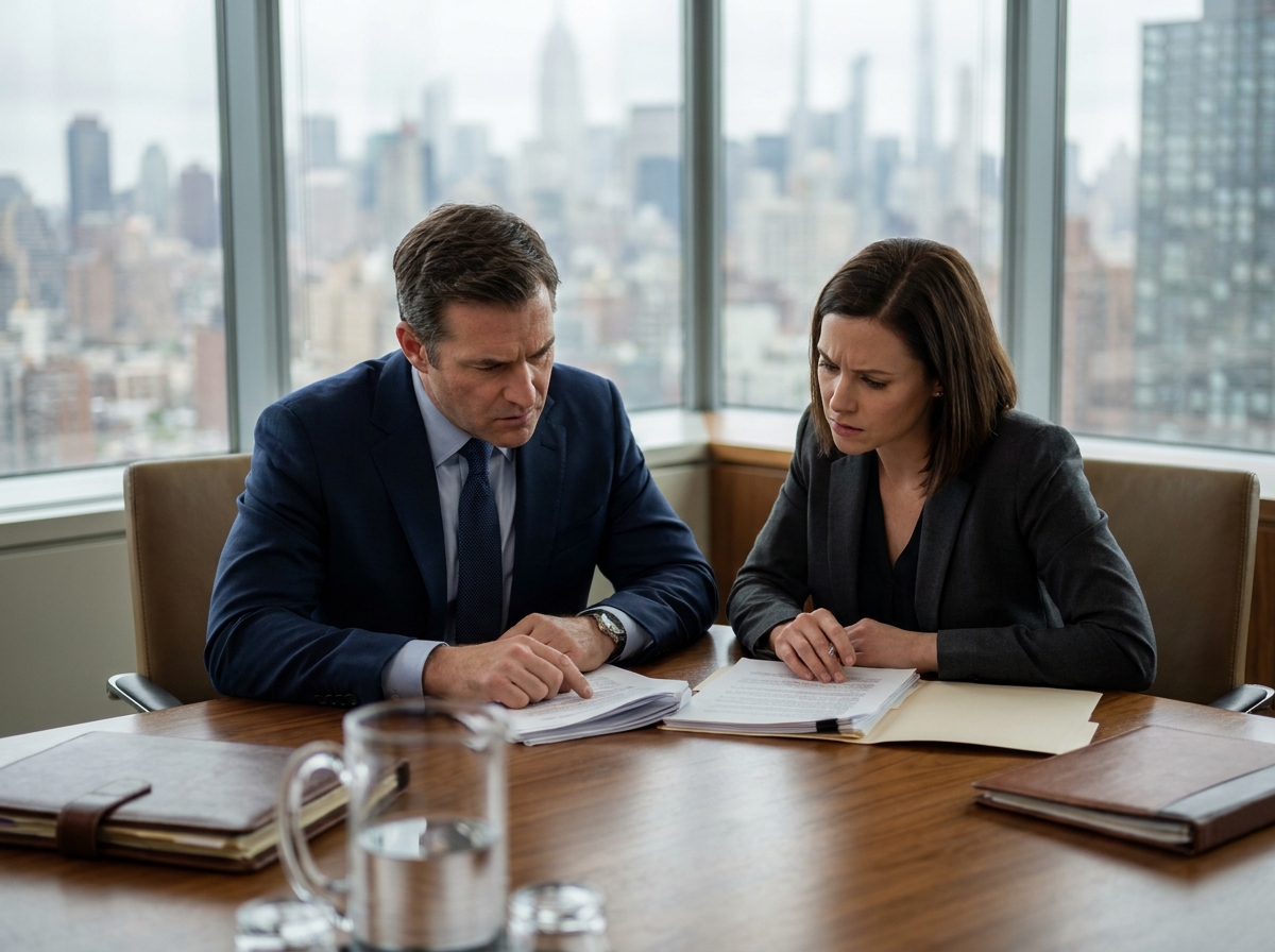 Deux professionnels en réunion autour d'une table de conférence examinant des contrats lors d'un litige commercial avant saisine du tribunal de commerce